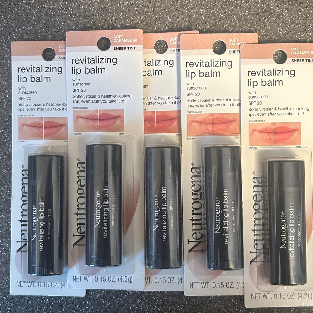 Neutrogena revitalizing lip balm. Five pack. Soft Carmel sheer tint. SPF 20